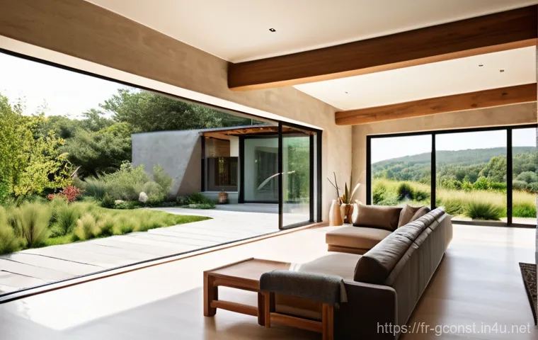 친환경건설기사와 재생 에너지 적용 사례 - A breathtaking, modern European eco-friendly house seamlessly integrated into a vibrant, lush landsc...