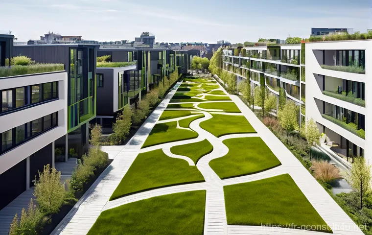 친환경건설기사와 그린 인프라 구축 - A detailed, medium shot of a recently completed, architecturally striking ecological building in a F...