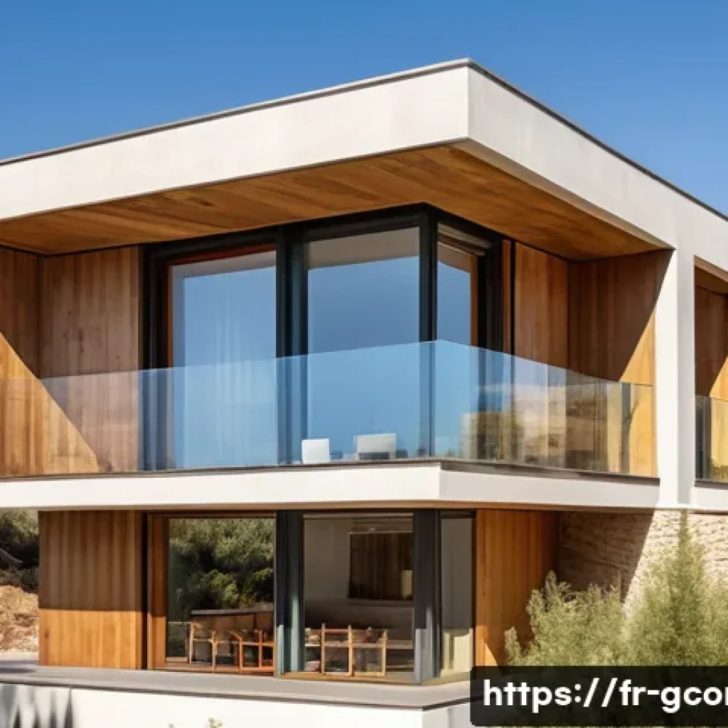 친환경건설기사와 생태건축 설계 - A modern, energy-efficient residential building in a Mediterranean climate, showcasing passive solar...
