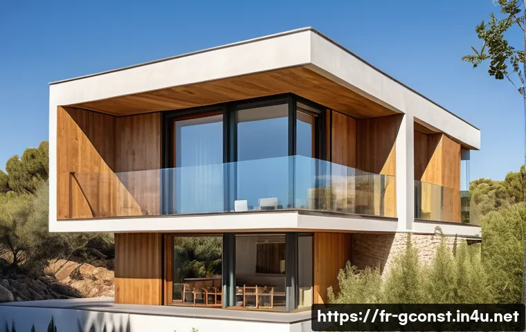 친환경건설기사와 생태건축 설계 - A modern, energy-efficient residential building in a Mediterranean climate, showcasing passive solar...