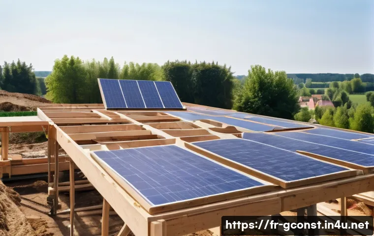 친환경건설기사 자격증 취득 후 경험담 - A modern eco-friendly construction site in a French suburban area during daytime, showcasing workers...