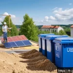 친환경건설기사 자격증 취득 후 이직 사례 - A modern eco-responsible construction site in France, featuring skilled workers wearing protective g...