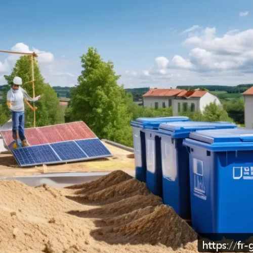 친환경건설기사 자격증 취득 후 이직 사례 - A modern eco-responsible construction site in France, featuring skilled workers wearing protective g...