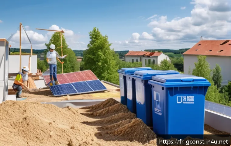 친환경건설기사 자격증 취득 후 이직 사례 - A modern eco-responsible construction site in France, featuring skilled workers wearing protective g...