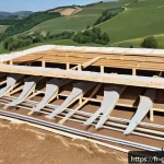 친환경건설기사 취업 성공 사례 - A detailed scene of a sustainable construction site in a French rural setting during daytime, showca...